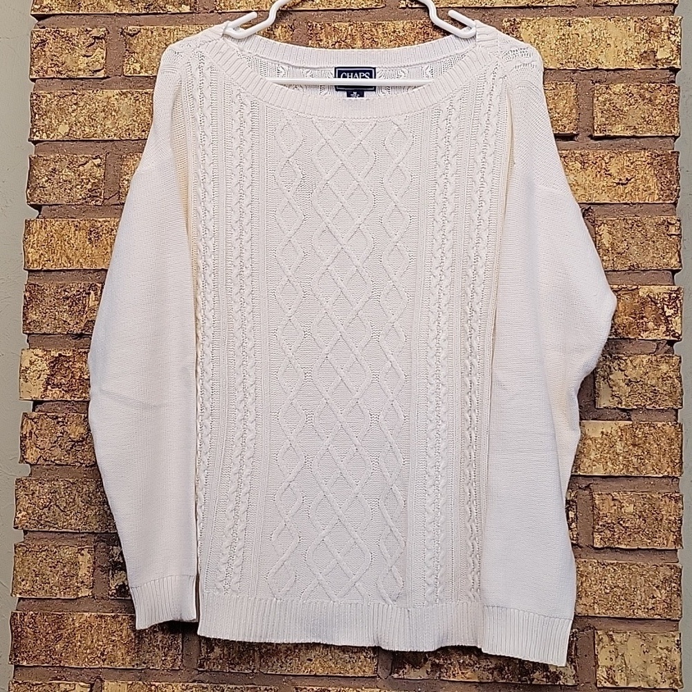 Chaps Classics White Knit Sweater Size Medium Cozy Cotton Acrylic